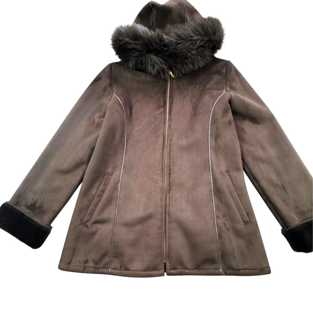 Centigrade Faux Suede Fur Trim Hooded Jacket Brown Women S Zip Front Y2K Coat